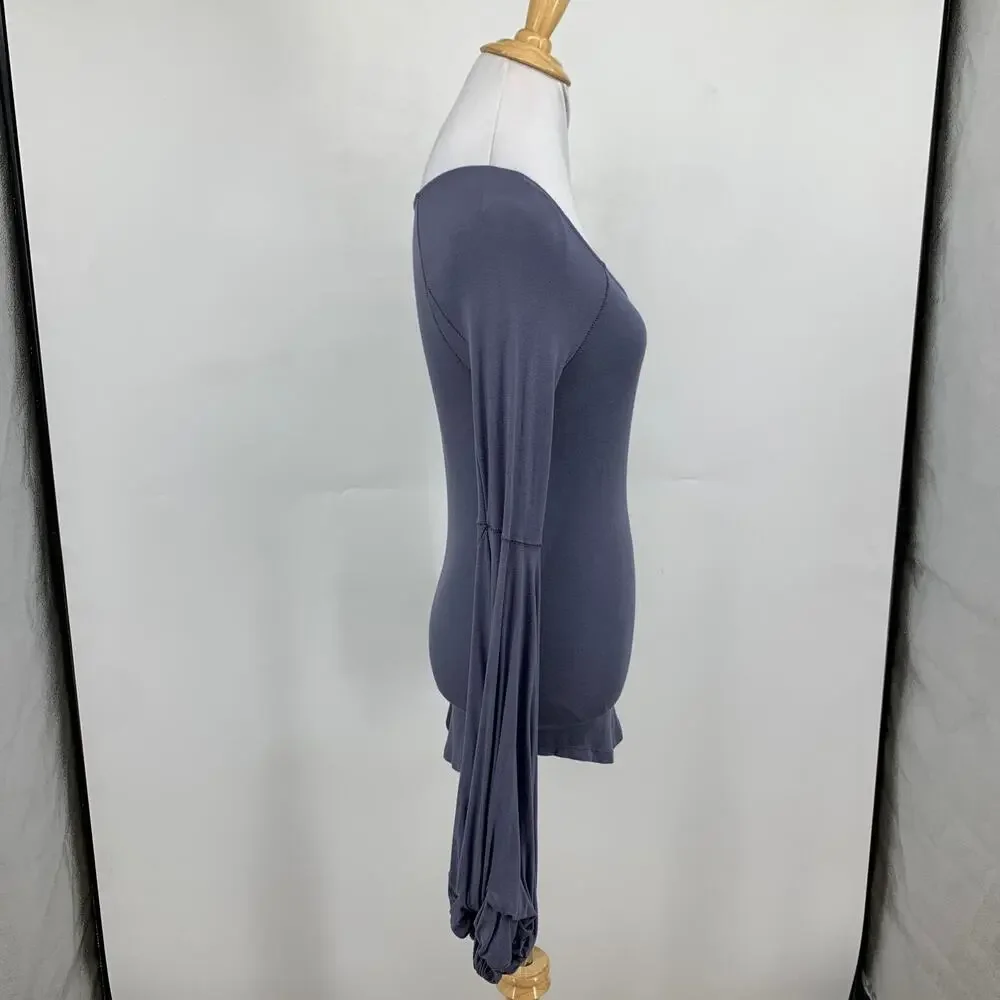 Free People Top Womens Small Blue Grey To The Tropics Blouson Sleeves Low Scoop
